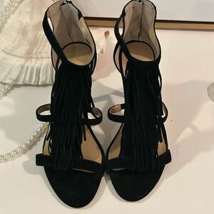 Ann Taylor Black Leather Fringe Stiletto Heels Open Toe Size 8.5